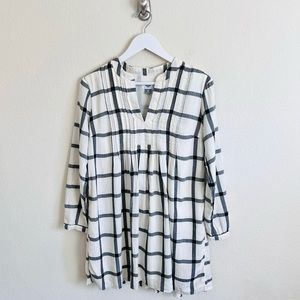 Cream & Black Grid Check Ruched V-Neck Long Sleeve Peasant Dress